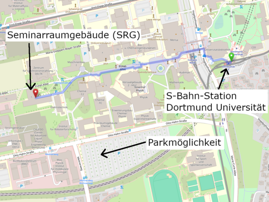 Lageplan mit Markierung wichtiger Orte. Schrifltiche Wegbeschreibung befindet sich unter dem Bild.